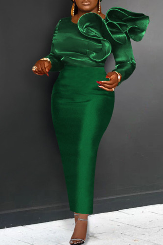 Vestidos de saia de um passo elegante de patchwork sólido e decote verde tinta