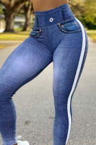 Pantalon crayon skinny taille haute imprimé patchwork sportswear décontracté bleu clair
