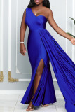 Blue Sexy Formal Solid Patchwork Backless Slit One Shoulder Evening Dress Dresses