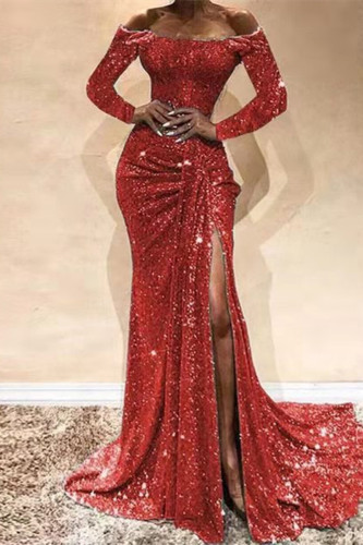 Red Sexy Formal Solid Patchwork Slit Off the Shoulder Evening Dress Dresses
