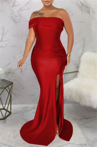 Red Sexy Formal Solid Patchwork Backless Slit Oblique Collar Evening Dress Dresses