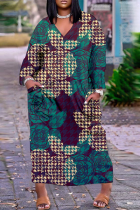 Vestidos retos casuais verdes com estampa de rua patchwork decote em v
