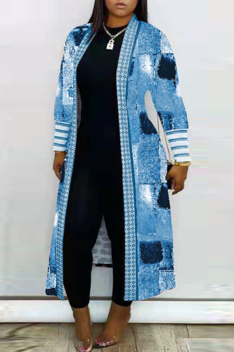 Casaco Casual Azul com Impressão Diária Impressão Cardigan Agasalho Plus Size
