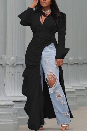 Noir Sexy Casual Solide Haute Ouverture Pli Chemise Col Taille Haute Tops