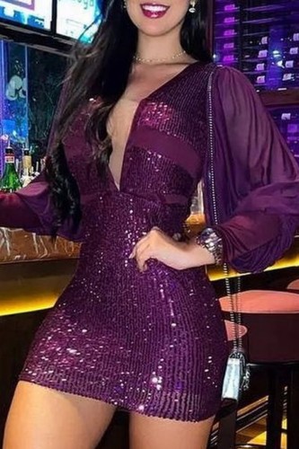 Purple Sexy Patchwork Sequins V Neck Long Sleeve Dresses
