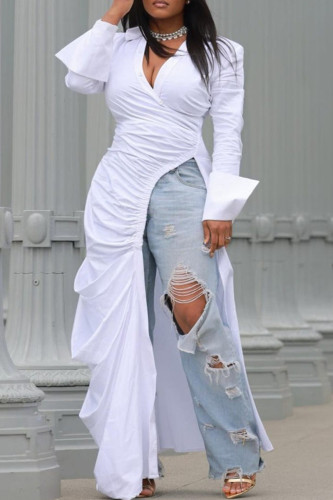 Blanc Sexy Casual Solide Haute Ouverture Pli Chemise Col Taille Haute Tops