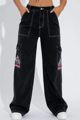 Jeans jeans reto com estampa casual preta patchwork