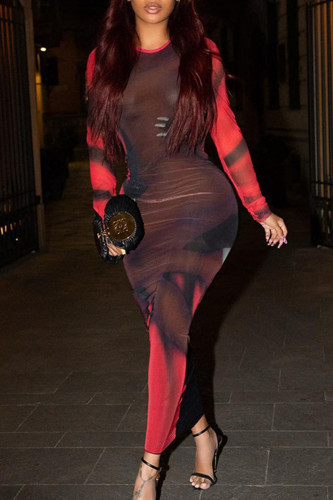 Vestido de clube de um passo com estampa sexy vermelha transparente com decote em bico