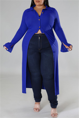 Cardigan patchwork solido blu casual con colletto rovesciato Plus Size soprabito