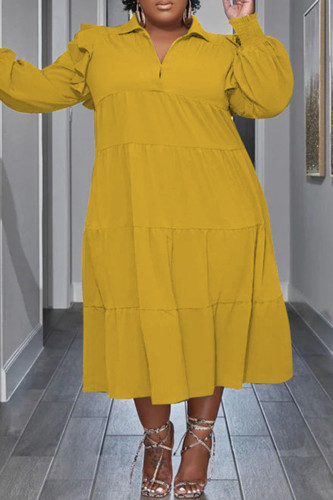 Yellow Casual Solid Patchwork Turndown Collar Long Sleeve Plus Size Dresses