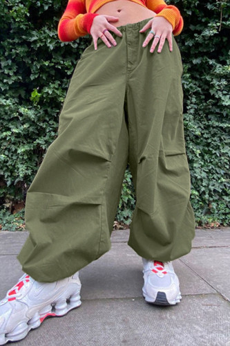 Calças retas de cor sólida verde casual street patchwork solto cintura média