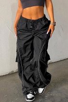 Noir Casual Street Sportswear Solid Patchwork Loose Mid Waist Wide Leg Solid Color Bottoms