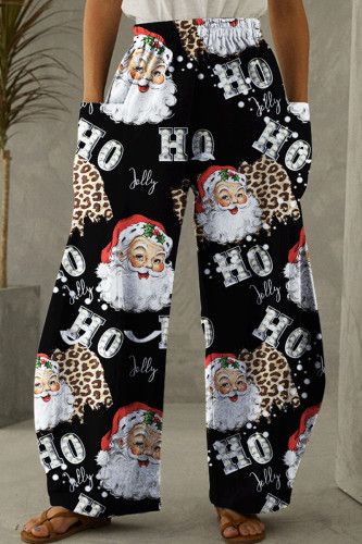 Pantaloni di stampa di posizionamento delle gambe larghe a vita alta con stampa casual di Babbo Natale
