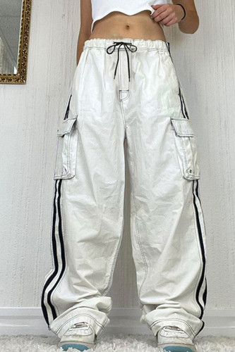Pantaloni casual a vita bassa a gamba larga tinta unita con tasca patchwork casual bianco