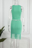 White Green Sexy Solid Tassel O Neck Sleeveless Two Pieces