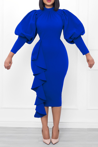Blue Street Solid Flounce Half A Turtleneck Pencil Skirt Dresses
