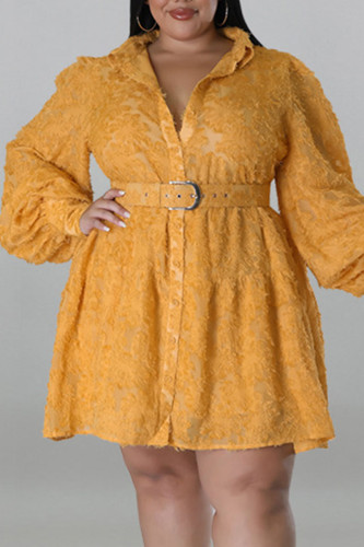 Vestido amarelo casual patchwork sólido fivela com cinto gola redonda camisa vestidos tamanho grande