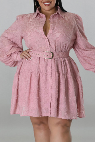Vestido de patchwork sólido rosa casual fivela com cinto gola redonda camisa vestidos tamanho grande