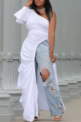 Blanc Sexy Casual Solide Haute Ouverture Pli Une Épaule Taille Haute Tops