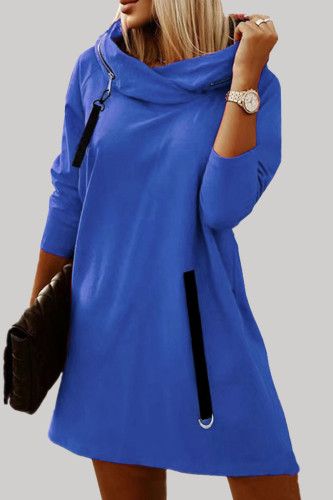 Vestidos de manga comprida com capuz azul casual patchwork sólido com capuz