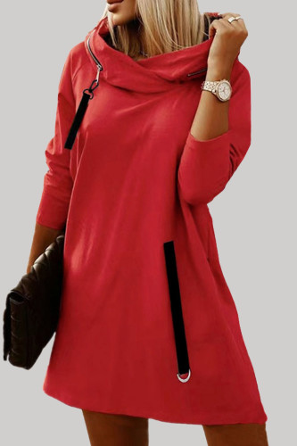 Vestidos de manga longa com capuz vermelho casual patchwork sólido