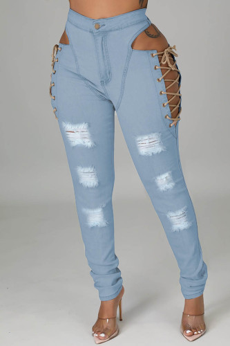 Jeans jeans skinny azul claro casual liso rasgado oco frenulum cintura média