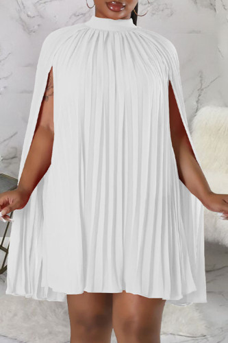 Branco casual patchwork liso com dobra meia gola alta vestidos evasê