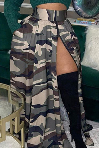 Cinza casual estampa camuflada patchwork com fenda e zíper regular saias de cintura alta