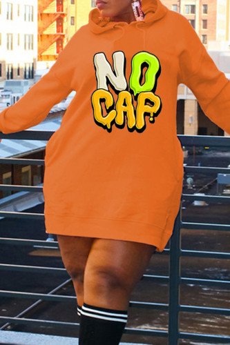 Orange Casual Print Patchwork T-shirtklänning med huva i krage