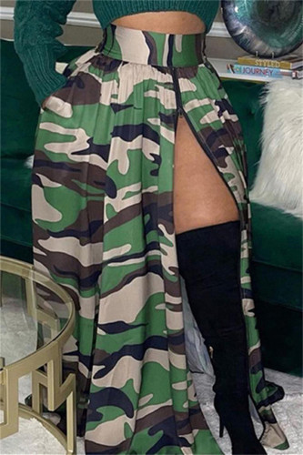 Grön Casual Camouflage Print Patchwork Slit Dragkedja Vanliga kjolar med hög midja