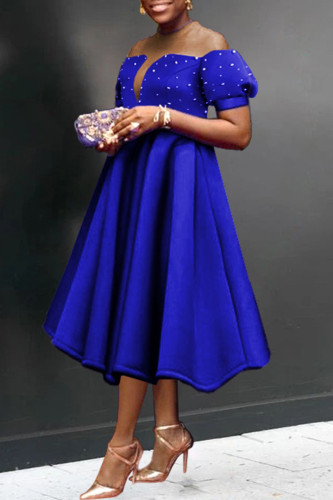 Azul sexy elegante sólido patchwork bordado com decote oco vestidos evasê