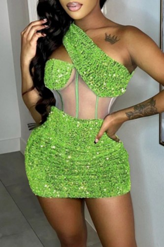 Grönt Mode Sexigt Patchwork Bandage Genomskinlig rygglös Snedkrage Ärmlös Klänning