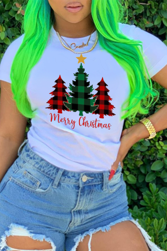 Camisetas com estampa de patchwork letra O para festas de rua brancas com árvore de Natal