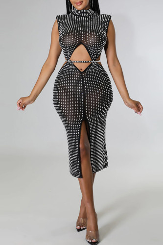 Black Sexy See-through Slit Half A Turtleneck Sleeveless Club Dress For Vegas