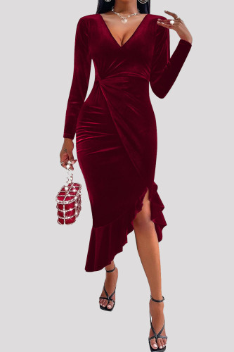 Vinröd Mode Sexiga Solid Patchwork V-hals långärmade klänningar