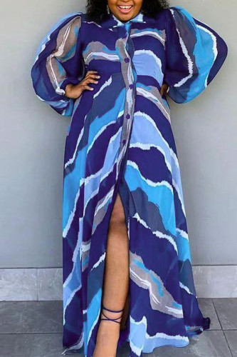 Robe décontractée imprimé africain patchwork col rabattu manches longues grande taille bleu