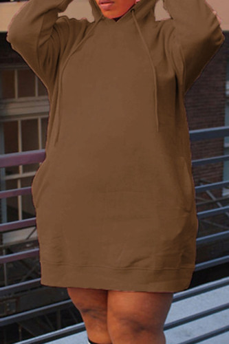 Vestidos de manga longa com gola com capuz e decote em patchwork sólido casual café profundo