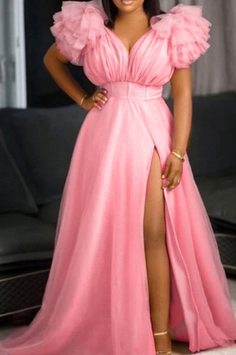 Vestido de noite rosa sexy elegante sólido com decote em V vestidos tamanho grande