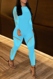 Blue Sexy Solid See-through Mesh O Neck Skinny Jumpsuits