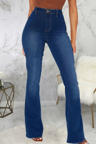 Blå Casual Solid Patchwork Vanliga jeans med hög midja