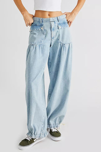 Ljusblå Street Solid Patchwork Mid Waist Harlan Denim Jeans