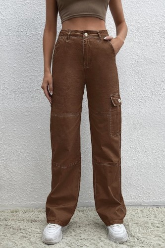 Jeans jeans reto casual marrom patchwork cintura média