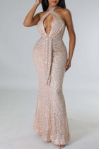 Champagne Sexy Solid Sequins Patchwork Backless Halter Evening Dress Dresses