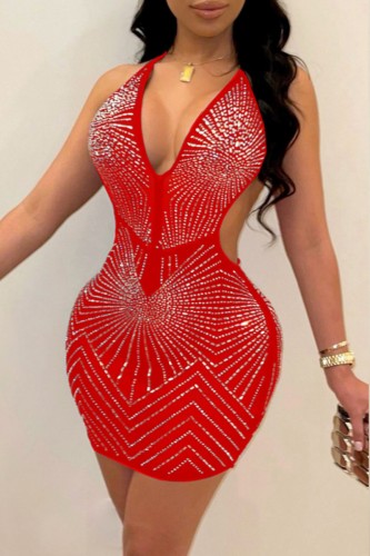 Red Sexy Patchwork Hot Drilling Bandage Backless Halter Sleeveless Dress Dresses