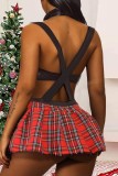 Black Red Sexy Living Plaid Print Hollowed Out See-through Backless Cosplay Lingerie