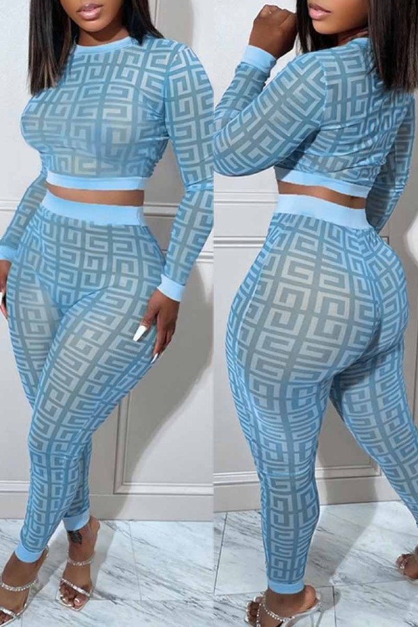 Sky Blue Sexy Print See-through O Neck Long Sleeve Two Pieces