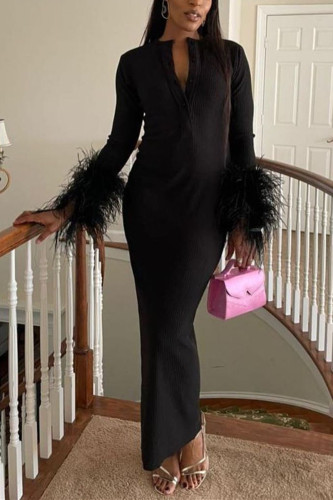 Black Sexy Solid Feathers Basic O Neck Long Sleeve Dresses