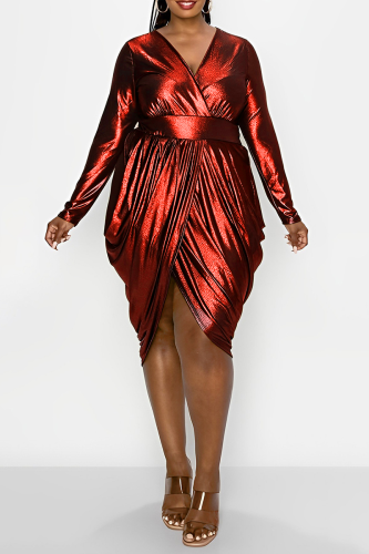 Red Party Solid Fold Plus Size Dresses