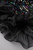 Svarta eleganta solida paljetter Patchwork aftonklänning med sned krage