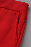 Röd Casual Print Patchwork Hooded Collar Långärmad Två delar